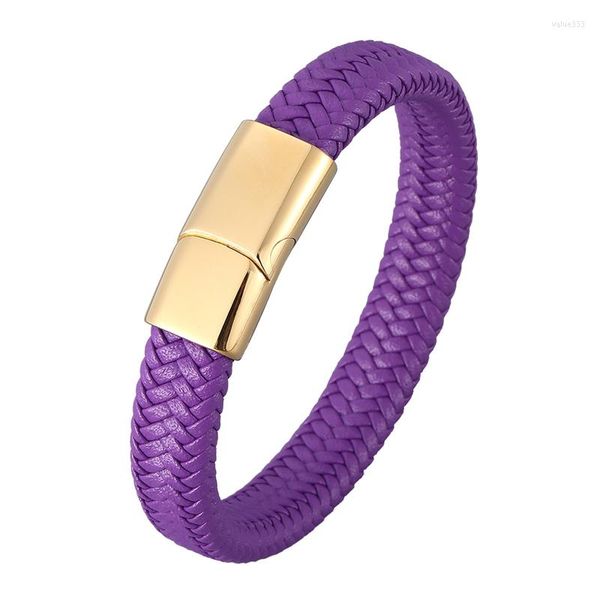 Pulseras con dijes Pulsera de cuerda de cuero trenzada púrpura simple para hombres Mujeres Brazalete Imán de acero Cierre Tejido Pulsera Regalo del día de San Valentín