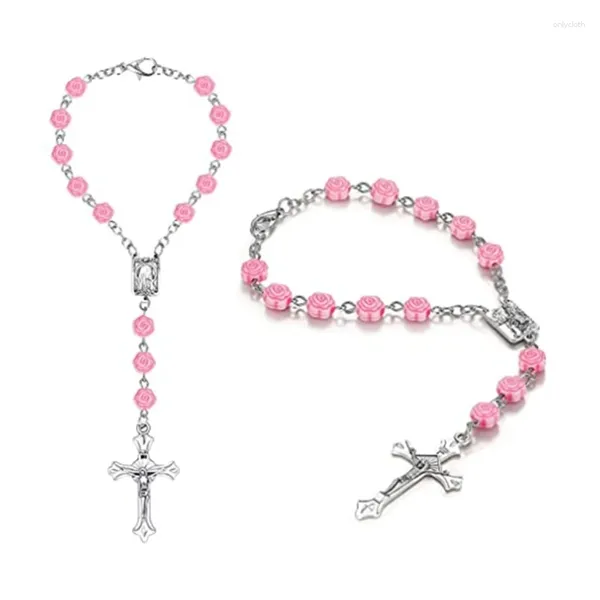 Bracelets de charme Chapelet simple avec grand pendentif Rose Rose Fleur Perles de prière Bijoux pour femmes et hommes