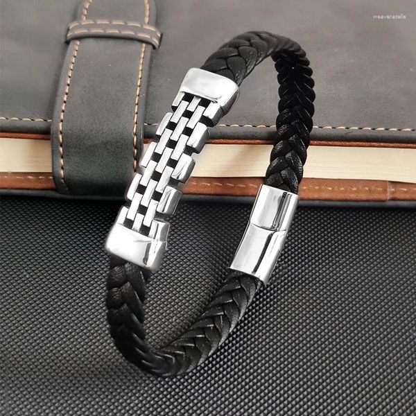 Pulseras con dijes Estilo simple Pulsera de cuero genuino negro para hombre Clásico Malla de acero inoxidable Brazaletes trenzados para hombres Amigo Regalo