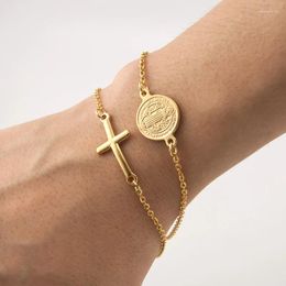 Bracelets de charme Simsimi Double couches Saint Benoît et croix Bracelet doré femmes bijoux Rolo chaîne acier inoxydable femme