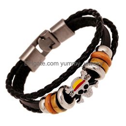 Bedelarmbanden Skl Charms Armbanden Vintage Mode Punk Echt Leer Gevlochten Touw Ketting Sieraden Voor Mannen Vrouwen Zwart Mtilayer Wra Dh98R