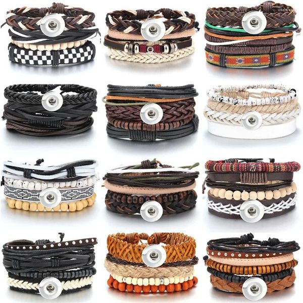 Pulseras de encanto Pulsera a presión Envoltura trenzada multinivel para hombres Ajuste de cuero vintage Botón de 18 mm Pulseras étnicas