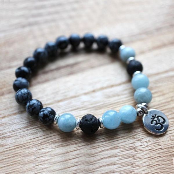 Bracelets porte-bonheur flocon de neige obsidienne lave et A-quamarine Mala Bracelet perles de méditation Japa Lotus Yoga cadeau pour hommes