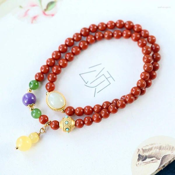 Pulseras con dijes Ágata roja del sur Cuentas redondas Plata esterlina Cera de abejas Fu Lu Calabaza Duobao Temperamento de moda Pulsera de doble círculo