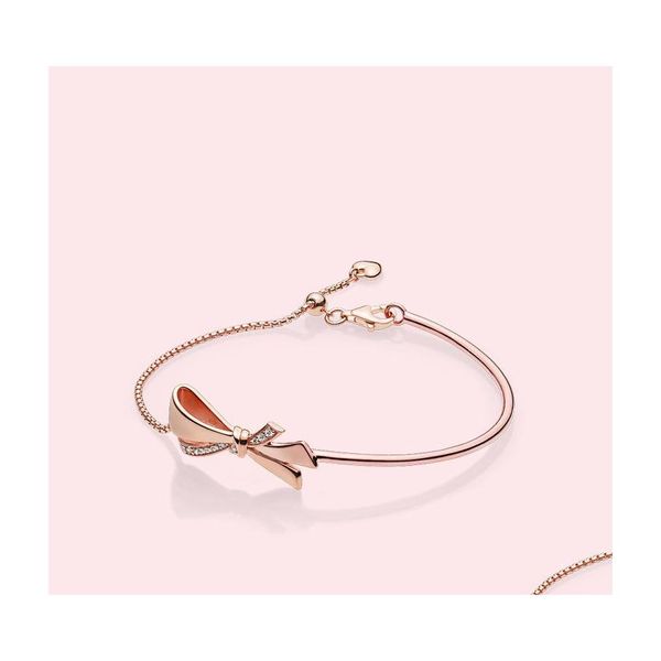 Bracelets de charme Sparkling Rose Gold Bow Slider Bracelet Femmes Cadeau de mariage avec boîte d'origine pour Pandora Real 925 Sterling Sier Adju Dhmlu