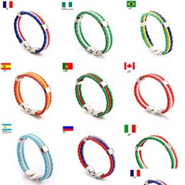 Charm Bracelets Sports Wrap 20 Banderas nacionales Trenzado Pu Cuerda de cuero Muñequera Brazalete para fútbol Fanáticos del fútbol Joyas en Bk Drop De Dhsr1