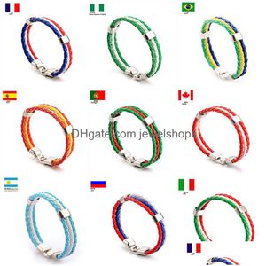 Bracelets de charme bracelets enveloppe de sport 20 drapeaux nationaux tressés en cuir en cuir bracelet pour les fans de football des fans de football bijoux en dhmwx