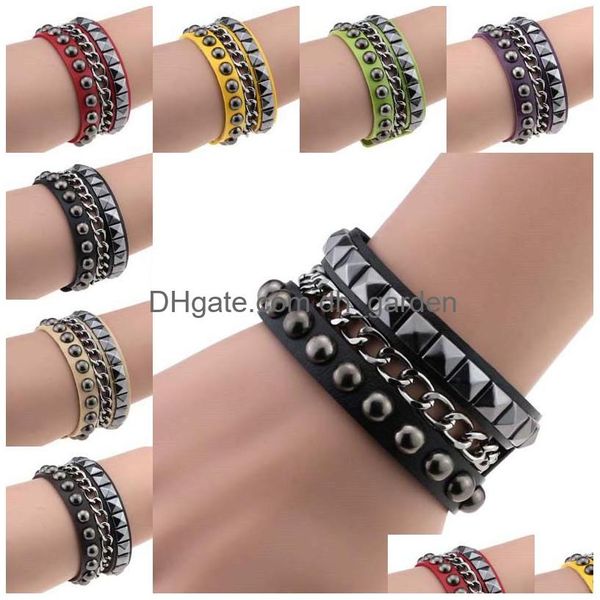 Bracelets de charme Square Rivet PU Bracelet en cuir Bracelet Cuff Wrap Bracelet Punk Gothic Snap Bouton Mtilayer Hip Hop Fashion Drop de Dh1Vx