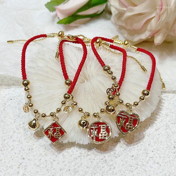 Pulseras con amuleto cuadrado/redondo/corazón/carácter chino campanas de la suerte colgante cadena de cuerda roja mujer año joyería de moda YBR605