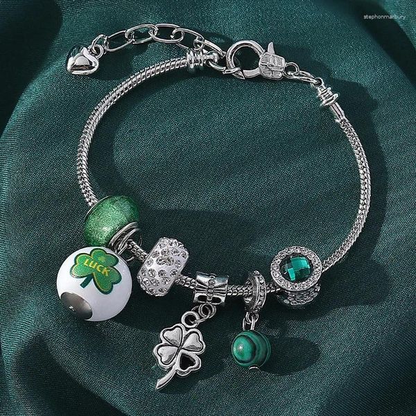 Pulseras de encanto Pulsera del día de San Patricio para mujeres Niñas Cristal verde con cuentas Colgante Brazalete DIY Regalo de cumpleaños hecho a mano