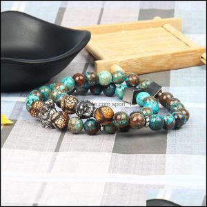 Bracelets porte-bonheur acier inoxydable hommes bracelets bijoux en gros 10 Pcs/Lot Sier Bouddha Bracelet avec 8Mm pierre naturelle perlée pour Par Dhvxm