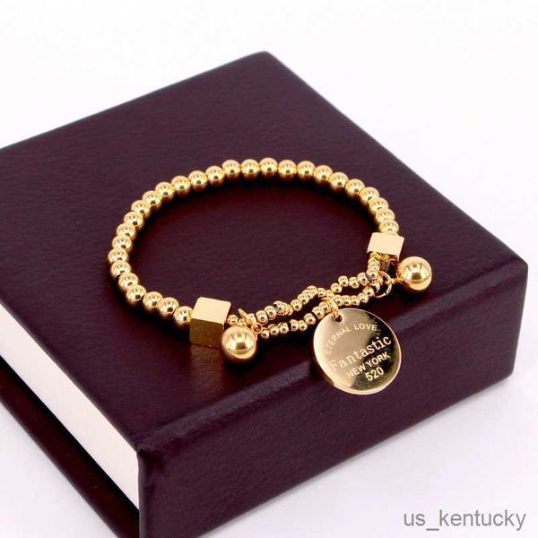 Bracelets à breloques Bracelet en perles de boule en acier inoxydable pour femmes Bracelet à brins extensibles avec étiquette circulaire 