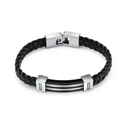 Bracelets de charme combinaison de contraste noir en acier inoxydable Bend Zircon Corde en cuir tressé Hip Hop Street Men's Bracelet Accessoire