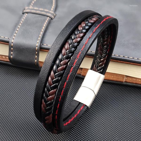 Bracelets porte-bonheur Bracelet en cuir noir rouge en acier inoxydable pour hommes Stripe Mix-match Sélection de couleurs Bijoux de mode Cadeau de fête d'anniversaire