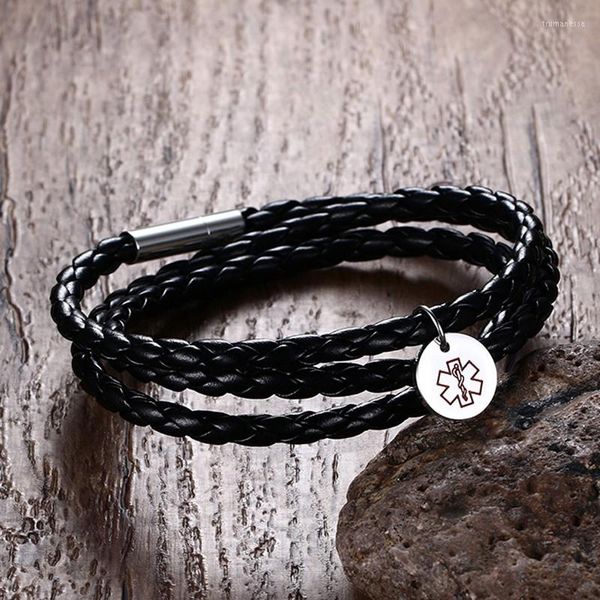 Pulseras con dijes Pulsera de identificación de alerta de cuero con envoltura negra de acero inoxidable Personalizada gratis