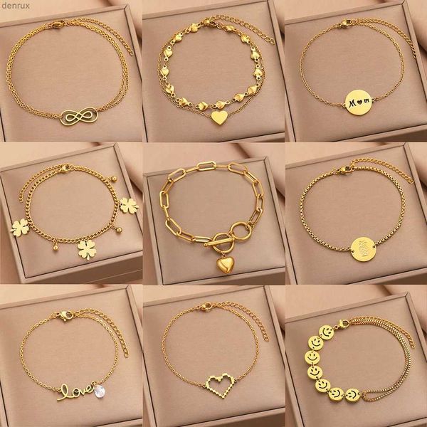 Pulseras con dijes Pulseras de acero inoxidable Símbolo clásico del infinito Elegante colgante de corazón Trébol de la suerte Pulsera de moda para mujer Joyería