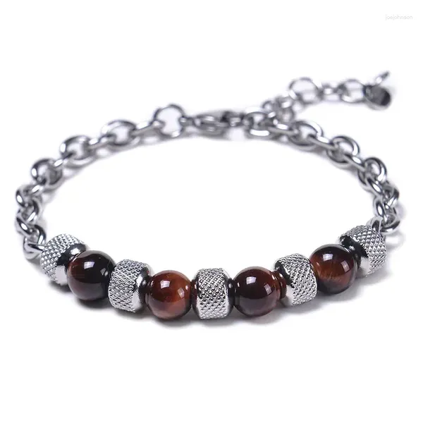 Pulseras de encanto Pulsera de cadena de acero inoxidable para hombres Natural Tiger Eye Stone Beads Trendy Hip Hop Joyería de mano Regalos Masculino