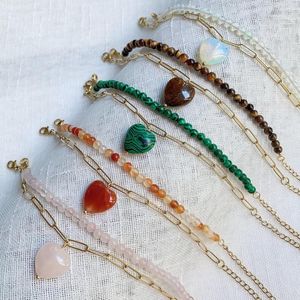 Pulseras con abalorios, cadena de acero inoxidable, corazón para mujer, pulsera de amistad con piedra de ópalo de cuarzo rosa Natural dulce y encantador