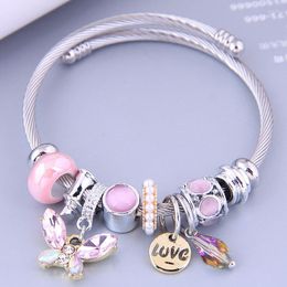Bracelets de charme en acier inoxydable Perles rose violet violet mignon pendfly pendant bracelet bracelet bracelet for women manchette