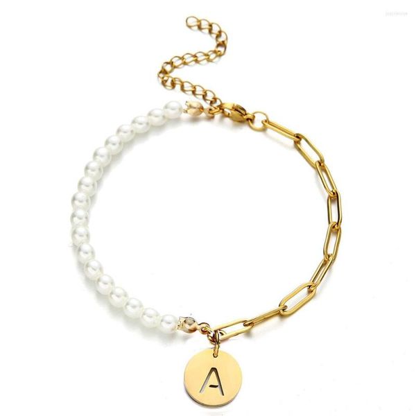 Pulseras con abalorios de acero inoxidable, cadena de perlas de imitación con inicial de 26 letras del alfabeto, pulsera con nombre para mujeres y niñas, joyería de boda con letras