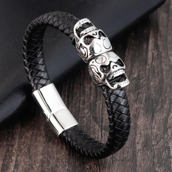 Bracelets de charme en cuir en cuir en cuir en cuir double couches noires vache corde tresse corde gothique squelette squelette hommes joelrycharm