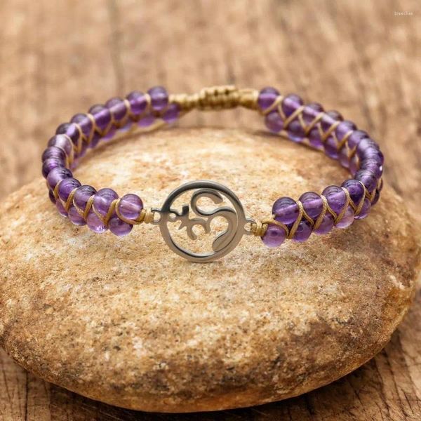 Pulseras de encanto de acero inoxidable OM Yoga Cuerda trenzada Piedra Natural Macrame Amistad Wrap Pulsera Femme Joyería de las mujeres