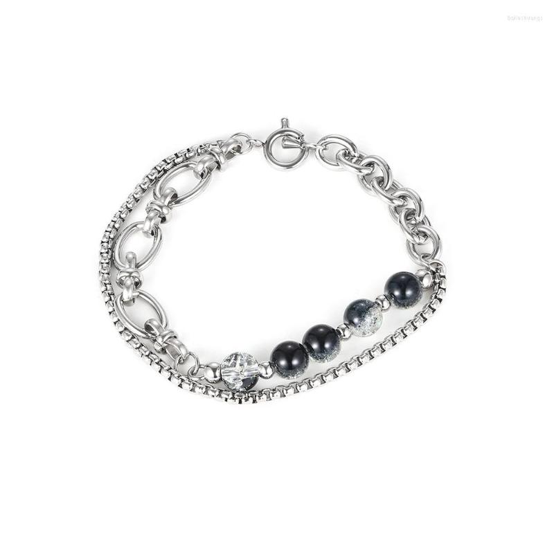 Charm armband rostfritt stål silver färg runda svart pärla kedja armband mode trend splittring smycken flicka gåva till damer