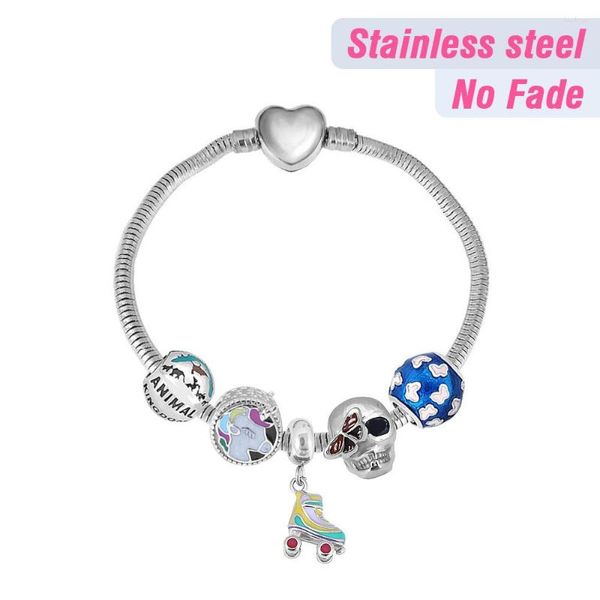 Pulseras de encanto Patines de acero inoxidable Pulsera colgante animal para mujeres Niñas originales Princesa con cuentas Joyería de esposa