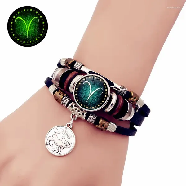 Bracelets de charme Starry Sky Zodiac Bracelet en cuir lumineux multi-couches perlé hommes fermeture à pression femmes amitié