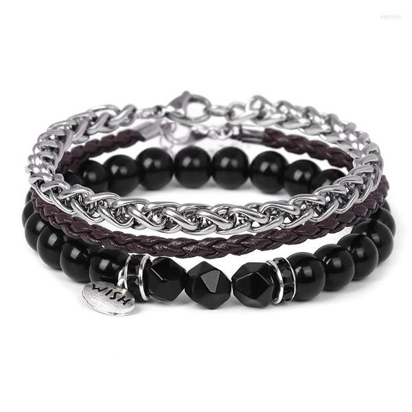 Bracelets porte-bonheur chaîne en alliage d'acier Bracelet de vente produit tendance pour hommes perles en pierre naturelle corde en cuir Antique trois pièces mâle
