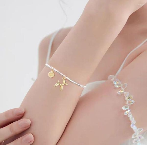 Pulseras con dijes Pulsera de perro de metal estereoscópico Carta de la suerte Tarjeta redonda para mujeres Cuerda elástica de plata simple y linda Joyería de buena suerte