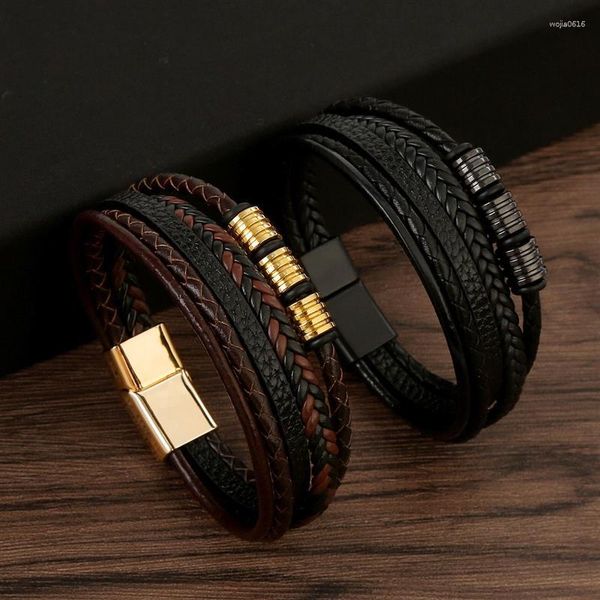 Pulseras con abalorios, pulsera de cuero de lujo para hombres, brazalete combinado de múltiples capas de alta calidad para hombres, joyería al por mayor