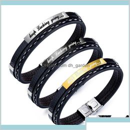 Bracelets de charme Style Hommes Keep Ing Going Cuir Noir Accessoires Inspirants Hommes Bracelet Bijoux De Mode Cadeaux O5Yxm Bdehome Otnye