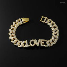 Bracelets porte-bonheur élégant cristal incrusté chaîne cubaine Bracelet lettre d'amour alliage argent plaqué or bijoux pour femmes et hommes