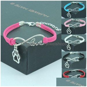 Bracelets de charme Bracelets d'enveloppement en cuir suédé Bijoux Infinity Love Dog Paw Print Charms Sier Number Fashion Alliage de métal Bracelets creux Dhx7X