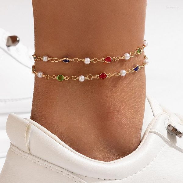 Bracelets de charme Summer Beach Couleur Diamant Incrusté Double Cheville Géométrique Chaîne Perle MultilayerCharm Lars22