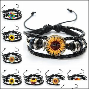 Bedelarmbanden zonnebloem tijd edelsteen leer gevlochten armband zwart mtilayer wax touw voor vrouwen man sieraden drop deliv dhseller2010 dhxmc