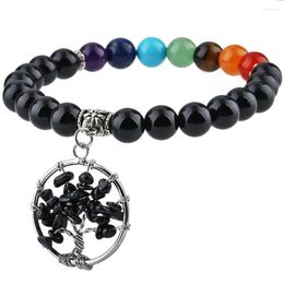 Bracelets à breloques SUNYIK 8mm Bracelet en perles d'obsidienne noire Arbre de vie Dangle 7 Chakra Perle Yoga Énergie Reiki Guérison Femmes Bijoux