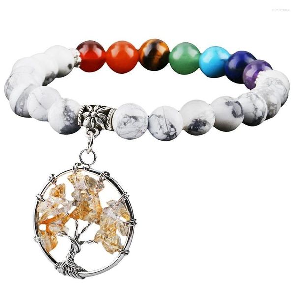 Bracelets porte-bonheur SUNYIK 8mm Blanc Howlite Pierre Perlé Bracelet Arbre De Vie Dangle 7 Chakra Cristal Perle Yoga Énergie Reiki Guérison Bijoux