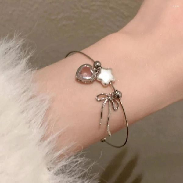 Pulseras con dijes, pulsera con dijes de estrella de corazón de melocotón y lazo Irregular abierto, estilo Vintage Harajuku, joyería para mujer y niña, 2024