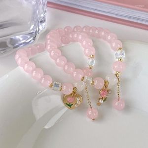 Pulseras con abalorios, pulsera de flores con cuentas de Cystal rosa dulce para mujeres y niñas, cuerda elástica hecha a mano, joyería de corazón, regalo de fiesta a la moda