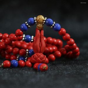 Bedelarmbanden synthetische rode cinnabar 6mm boeddha hand hanger blauw goudkleur spacer kralen schoonheid vrouwen meisje geluk bracelet 28inch b805