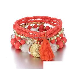 Braccialetti con ciondoli Nappa Moda Bellezza Testa Moneta Perline di riso Braccialetti con perline Regali per donna Colorf Metallo dorato Mtilayer Elastico Elastico Je Dhgxq