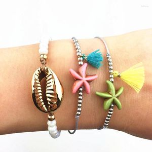 Charm Armbanden Tassel Shell Sea Star Armband Femme Voor Vrouwen Zeester Eenvoudige Kralen Flexibele Stretch Touw Mode-sieraden Bileklik Meisjes