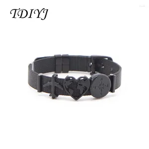 Bracelets de charme Tdiyj Love Travel 21cm Bracelet en mailles en maille noire en acier inoxydable avec des charmes de silde de boussole à coeur plane pour cadeau de vacances