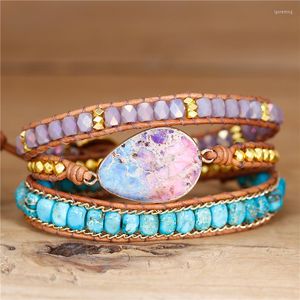 Bracelets porte-bonheur pierre larme violet et bleu Bracelet enroulé de perles naturelles haut de gamme 3 enveloppes cuir Art bijoux goutte