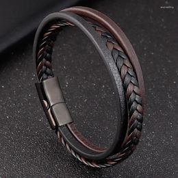 Bracelets de charme Tehao Boucle magnétique en acier inoxydable pour hommes et bracelet en cuir tissé à la main multicouche Bracelet cadeau Livraison gratuite