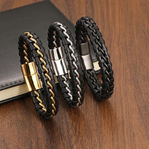 Bracelets de charme TeHao Mens Véritable Chaîne En Cuir Bracelet Bracelets Magnétique En Acier Inoxydable Boucle Mode Casual En Gros 231012