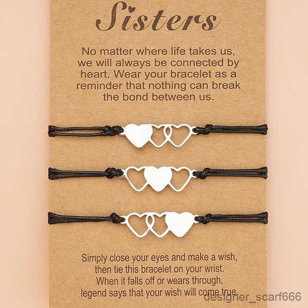 Pulseras con dijes, pulseras con tarjetas de tres hermanas del corazón, la mejor amistad para siempre, pulsera trenzada hecha a mano, joyería de regalo de cumpleaños R231009