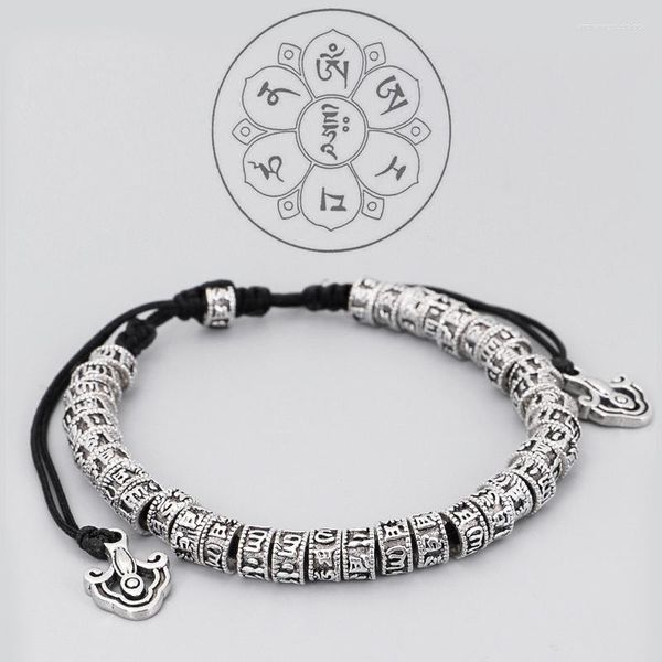 Bracelets porte-bonheur Bracelet bouddhiste tibétain avec six mots Mantra perles en argent authentique Original porte-bonheur pour hommes